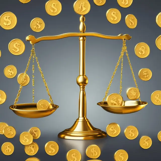 Golden scales with coins representing revenue, sales, market share, customer satisfaction, and employee morale, tipping towards the
