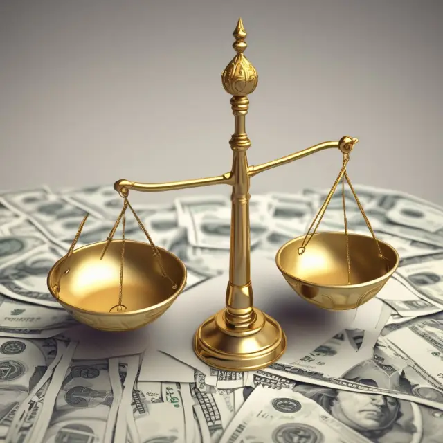 A golden scale with an income stream pouring into one pan and expenses flowing from the other, illustrating effective budgeting for financial balance.