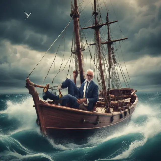 Businessman steering a ship amidst rough seas, representing cost control challenges and determination to overcome obstacles