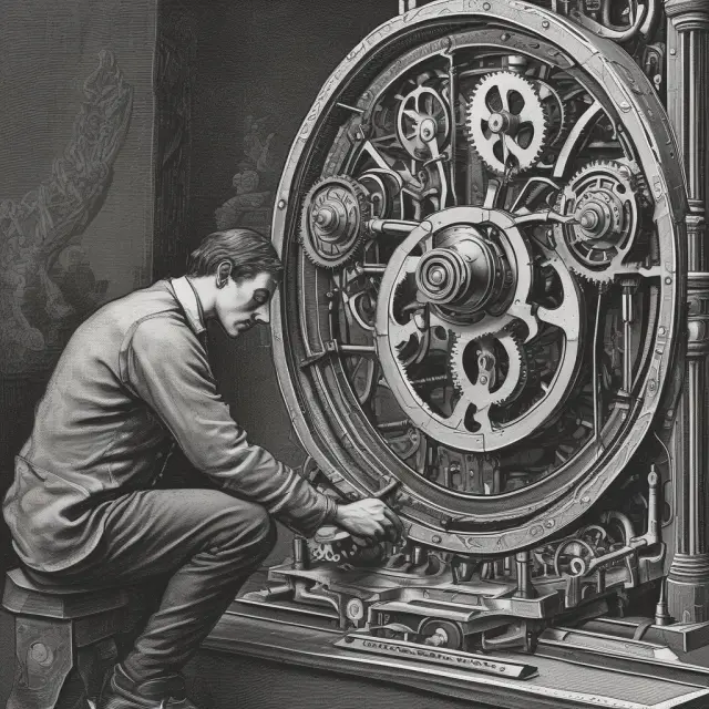 A gearworker assembles a cogwheel, representing direct labor costs. Behind him, employees maintain machinery, symbolizing indirect labor costs.