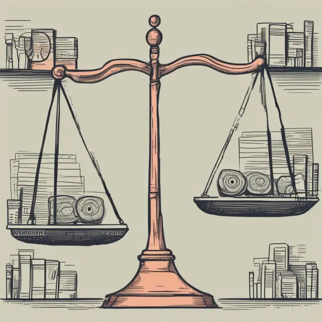 Two scales balanced on a table, one side tipped towards labor regulations (minimum wage, safety standards), the other side weighing profitability.