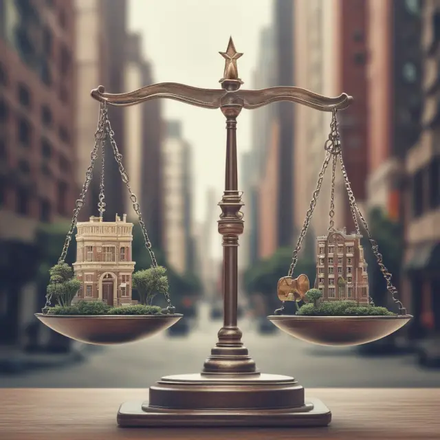 A balance scale comparing the cost of living in two major cities, one with high expenses and the other with low costs