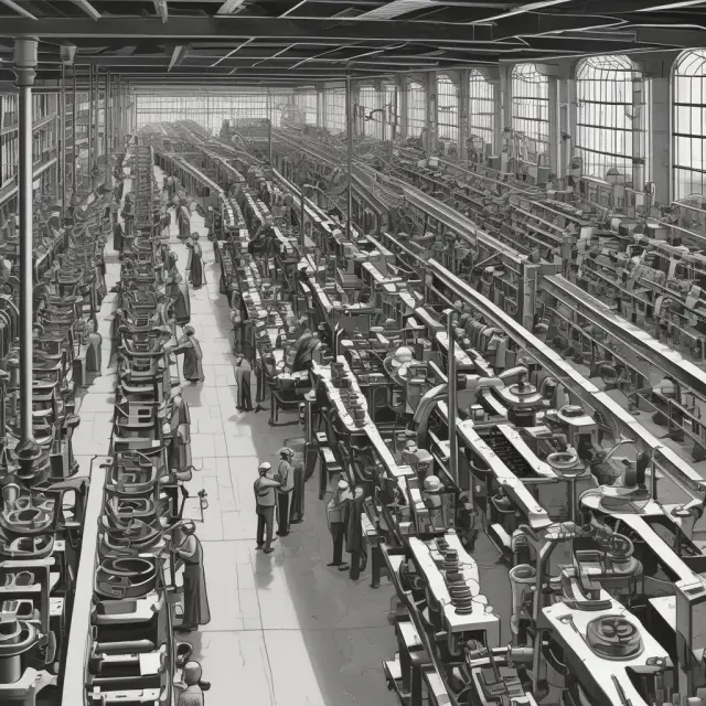 Image of an assembly line with gears representing labor, COGS, overhead, and other costs working together in production