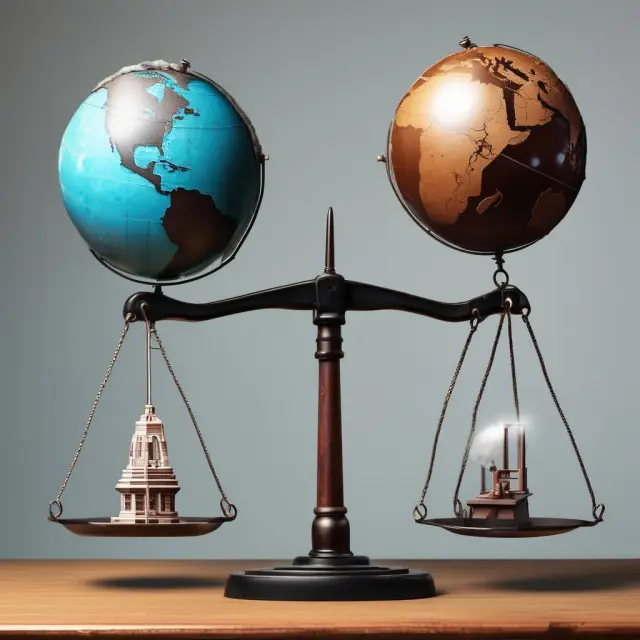 Balance scale with a globe representing globalization and a factory symbolizing cost of revenue trends