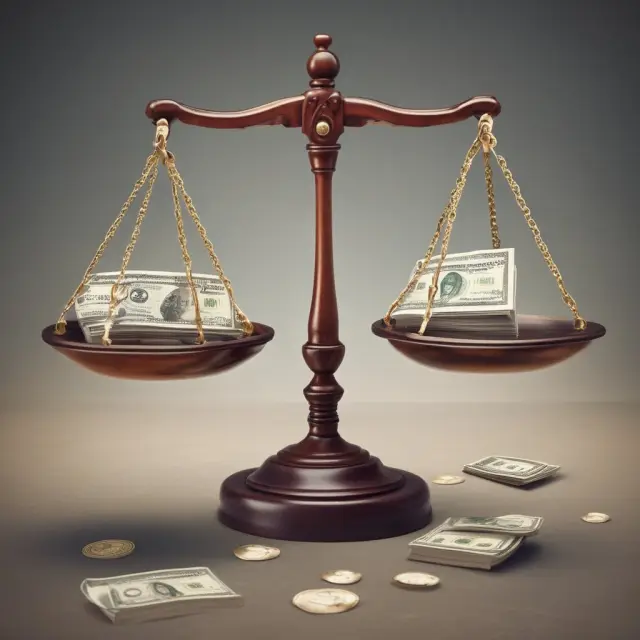 Golden scales with dollar weights balanced precisely at the breakeven point, symbolizing a company