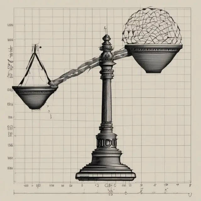 A Sphinx sits on a set of scales with an intertwined snake representing expenses and costs. The backdrop shows a graph depicting cost variations as the sales volume changes.