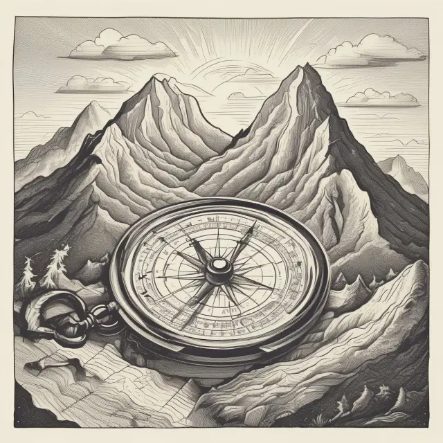 A person scaling a towering mountain of financial data uses a compass labeled