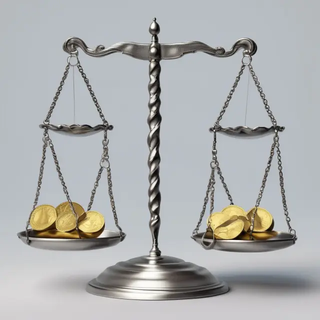 Golden scale balancing silver coins (cost of equity) against golden coins (cost of debt), symbolizing their comparison in company finance