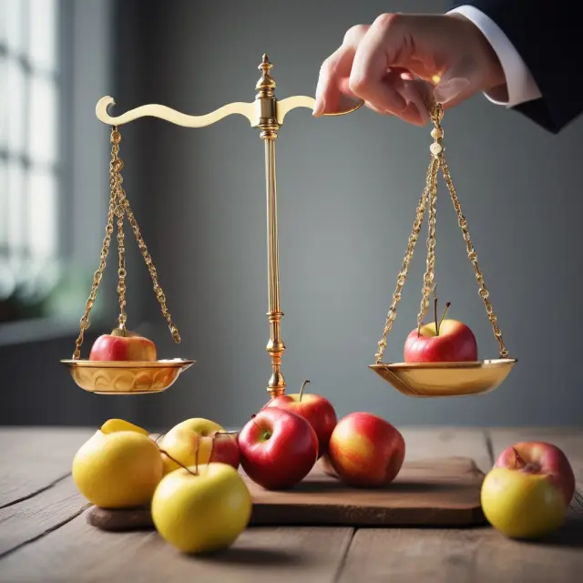 Golden apples represent potential investments as investors evaluate them against the market benchmark on a balance scale, with cost of equity in mind
