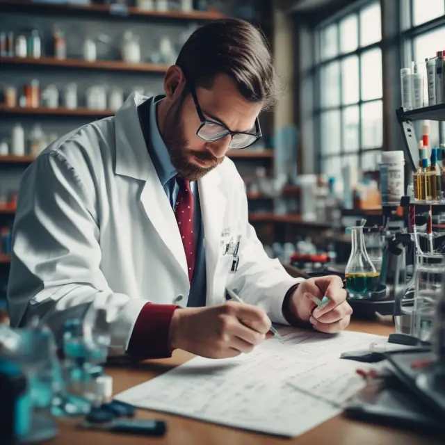 Image of a scientist sitting at a lab table, analyzing data and calculating beta values using CAPM formula