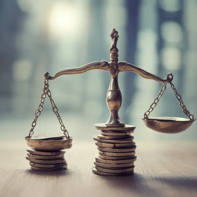 An equilibrium scale balancing risk (represented by a stormy sea) and return (signified by golden coins), symbolizing the critical role of cost of equity in investment decisions.