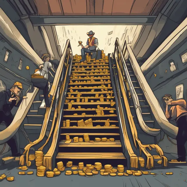 Factory worker raising wages causes oil barrel to gush gold coins onto an escalator representing consumers, illustrating the concept of cost-push inflation