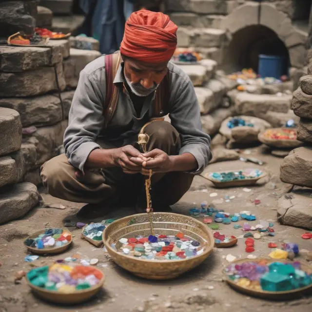 Artisan adding precious stones to a scale, representing increased production costs leading to price hikes in cost-push inflation