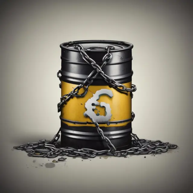 Oil barrel with a broken chain, representing the unexpected disruption of production due to natural disasters and other events.