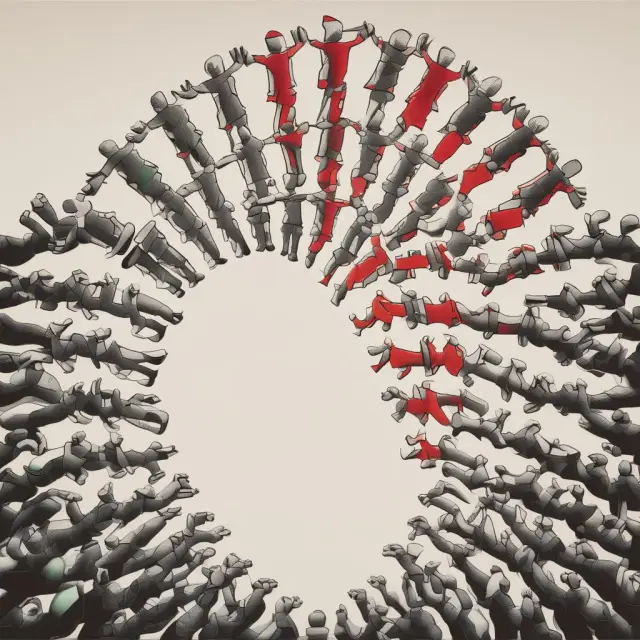 Labor union members forming a spiral around an increasing price graph, representing the wage-price spiral concept and its impact on inflation