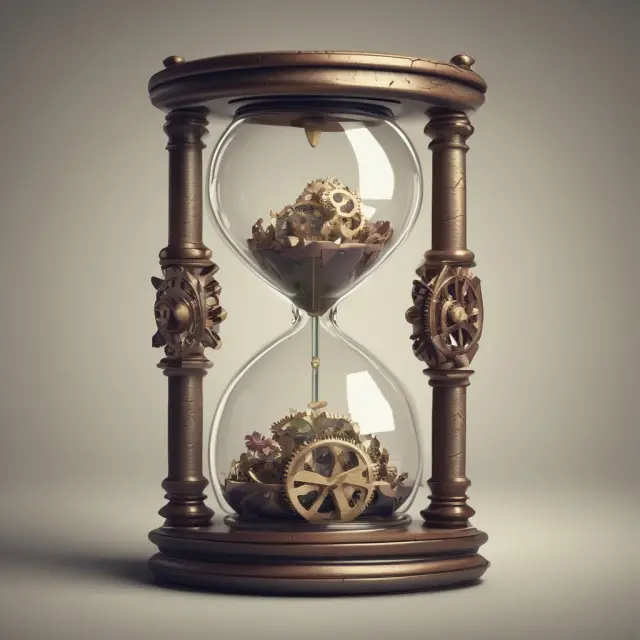 An hourglass containing interconnected gears represents the wage-price spiral concept in cost-push inflation, where wages and prices cycle upward.