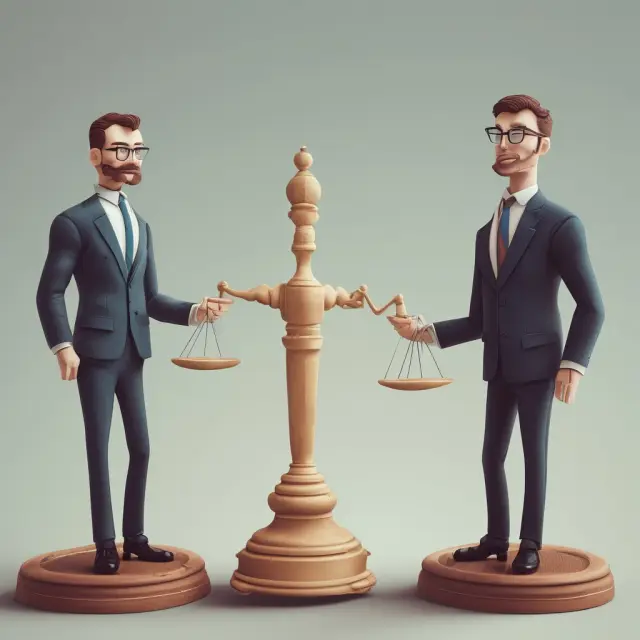 Negotiators discussing counteroffers in business deals over a table, one weighing options on a scale while the other contemplates in a mirror