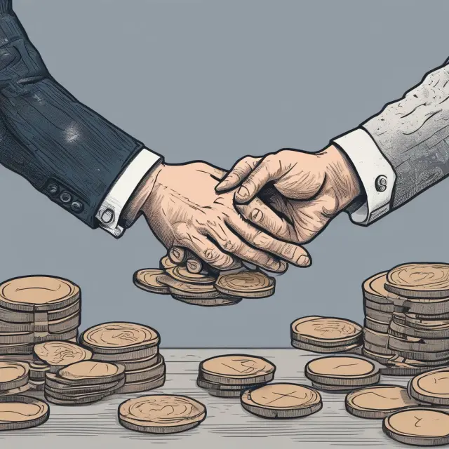 Two hands exchange a coin at a table, representing the two parties involved in a financial transaction