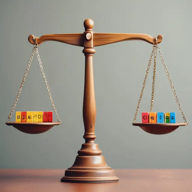 Visualizing counterparty risk factors: balanced scales with credit scores and debt-to-equity ratios.
