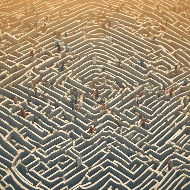 Two figures navigate a complex financial maze, assisted by an intelligent netting agreement to minimize counterparty risk