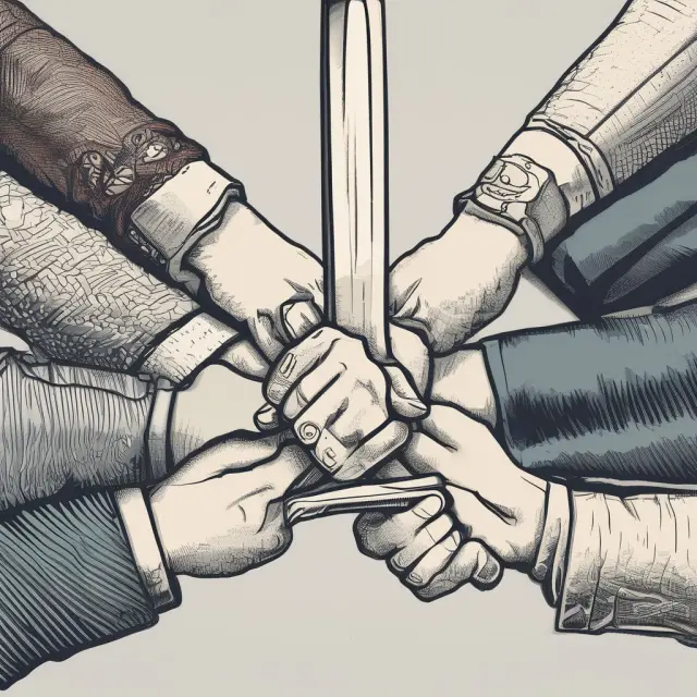 Hands of two parties sharing a double-edged sword, illustrating the cooperative nature and inherent risks of counterparty transactions.