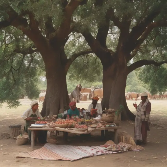 Ancient farmers engage in a barter trade: textiles for agricultural produce, fostering economic growth and mutual benefit
