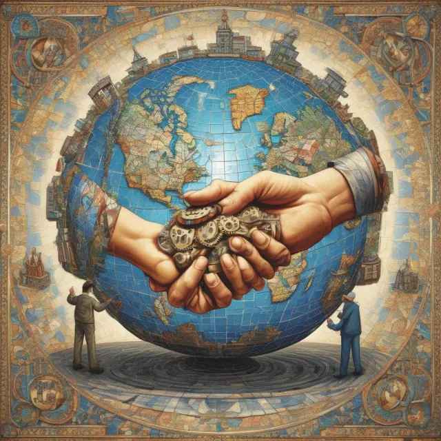 Seller and buyer shaking hands on an interconnected global industrial landscape