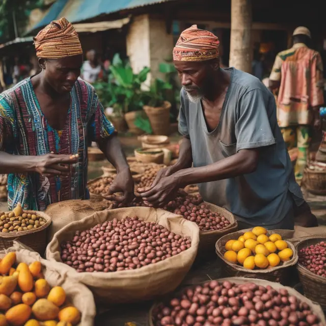 Farmer trading cocoa beans for tools and textiles at Ghana