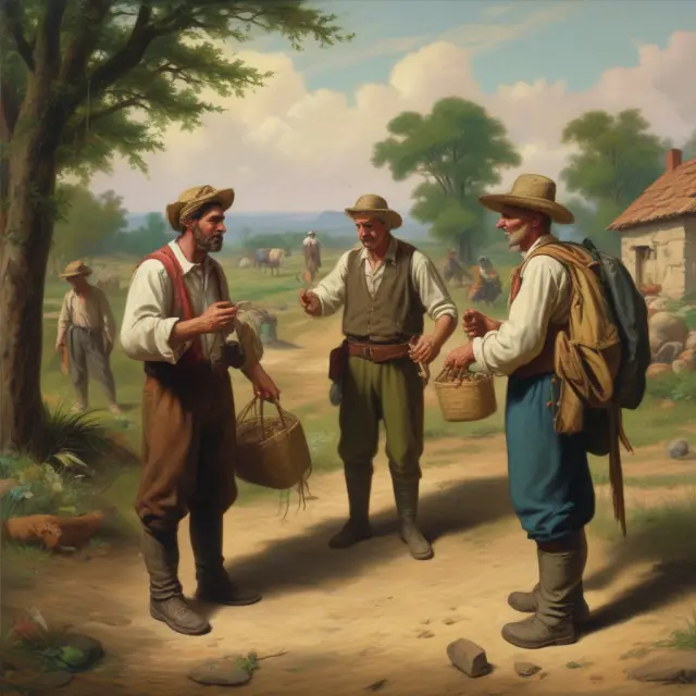 Farmers exchanging wheat and cattle in a metaphorical representation of countertrade FAQs, showcasing the essential concept of goods-for-goods transactions