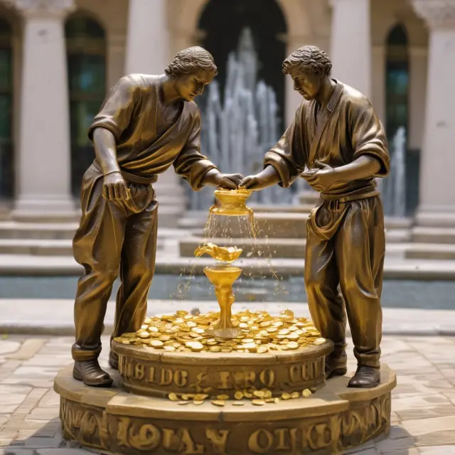 A bondholder standing between two gold coin-filled fountains, symbolizing coupon rates (one steady, the other dynamic) and effective yields (the compounding impact of reinvested coupons)