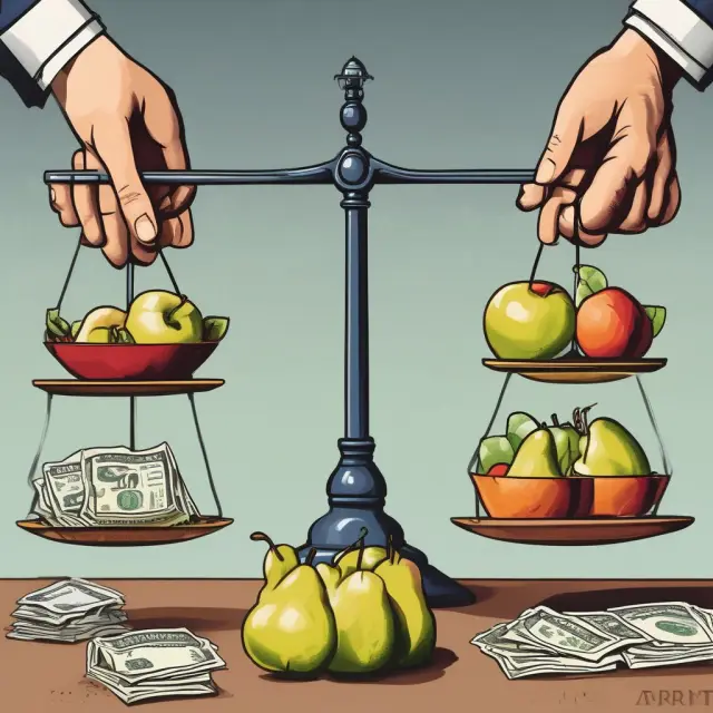 A bond investor balances a scale, one hand holding an apple symbolizing the coupon rate and the other hand weighing pears representing yield to maturity