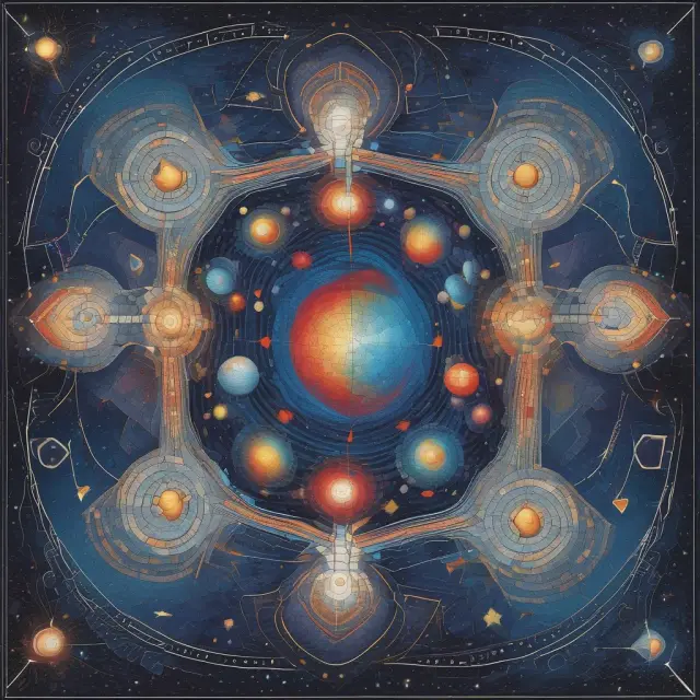 Metaphorical depiction of covenant types, represented by interlocking puzzle pieces: affirmative, negative, numerical/financial, debt, property, law, and religious, forming a cosmic mosaic