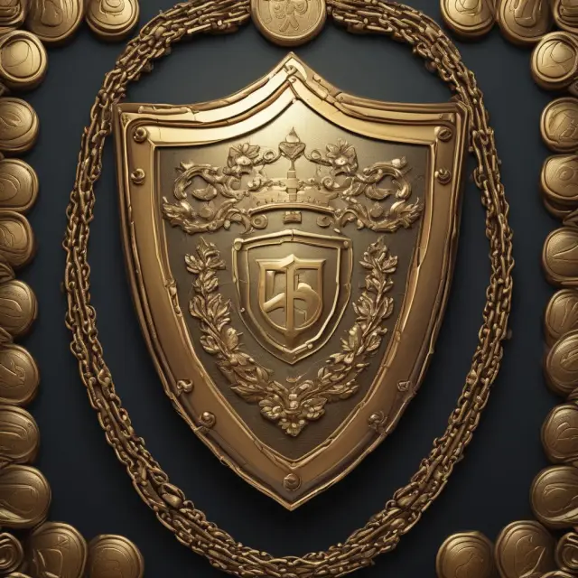 Golden shield of interlocked coins representing financial covenants protecting lenders in loan agreements