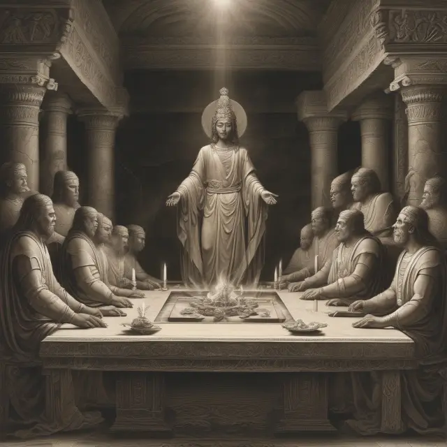 Gods and humans signing ancient covenants around an ethereal table, symbolizing divine promises and sacred agreements.