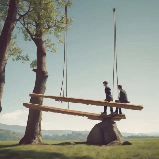 Two figures in suits negotiate on a see-saw, illustrating the balancing act of maintaining financial covenants between a borrower and lender.