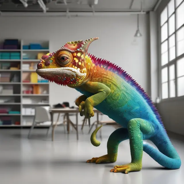 A chameleon transforming its colors to match various company logos represents the importance of customizing cover letters for each employer.