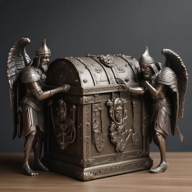 Guardians representing interest coverage ratio, debt service coverage ratio, and asset coverage ratio protecting a treasure chest filled with financial statements