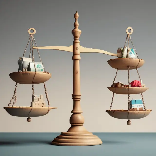Teetering scale displaying profit (profits) versus debt (debts), measuring a company