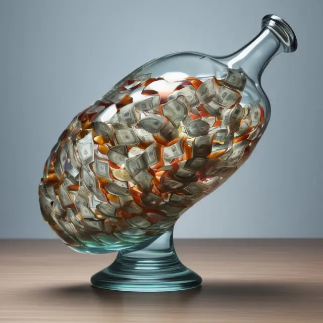 A glass vessel overflowing with assets, covering long-term debts