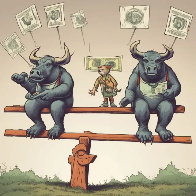 Bulls and bears representing interest rates balance currencies on a see-saw, illustrating the Covered Interest Rate Parity concept