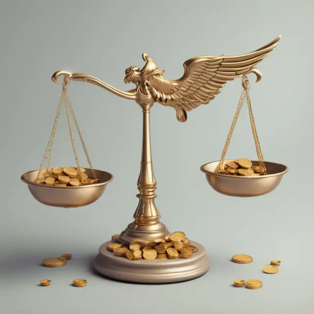 Golden scales with stock coins and call option wings illustrating the covered calls investment strategy