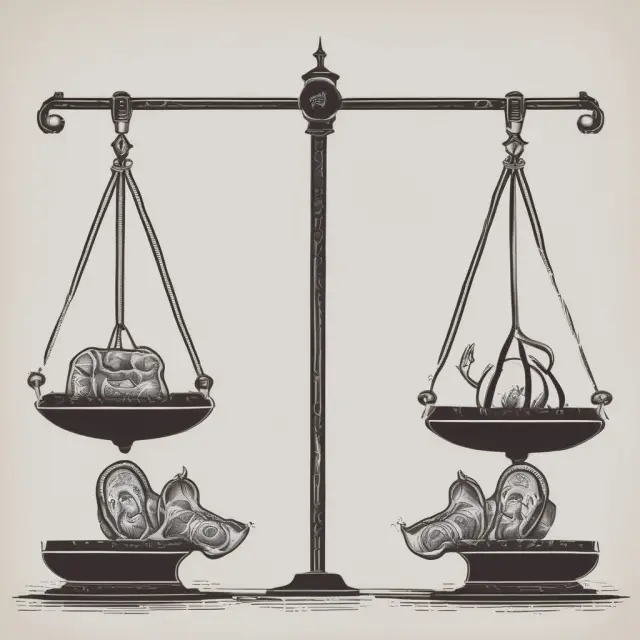 Image depicts a balanced scale with profits from covered calls on one side and potential losses from downside risks on the other