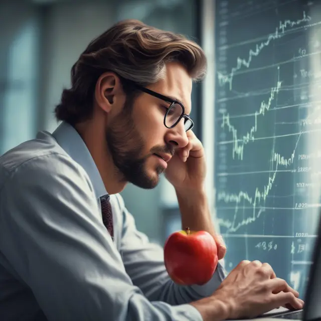 Investor crafting a covered call against Apple stock with an apple in hand and call option papers flying around.
