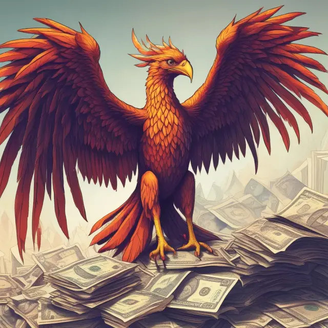 Phoenix rising from stack of financial reports, illustrating institutional investors turning potential losses into gains through covered call strategy