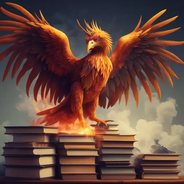 A mythical Phoenix emerging from a pile of accounting textbooks and calculators, representing the commitment and hard work required to earn a CPA designation.