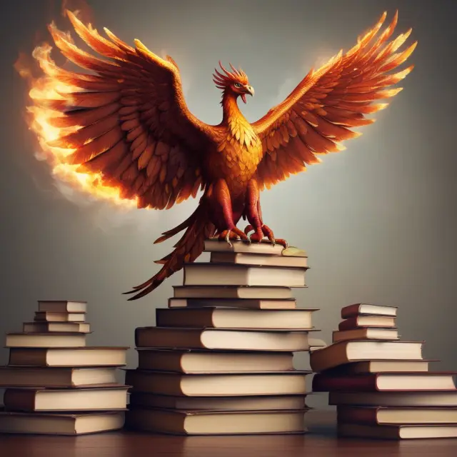 Phoenix emerging from a pile of accounting texts, representing the transformation and growth that comes with obtaining a CPA certification.