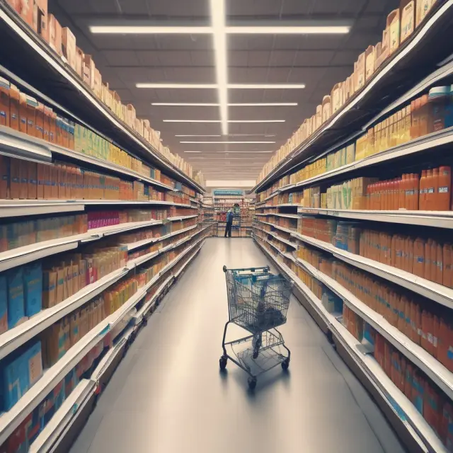 An image of a grocery aisle filled with various consumer packaged goods and digital shopping carts representing online sales