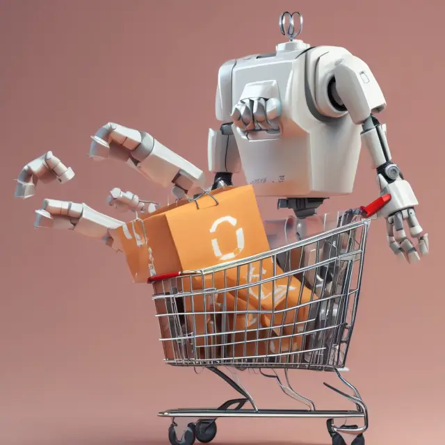 A robot hand navigating a virtual shopping mall, adding CPG items to a cart for online delivery