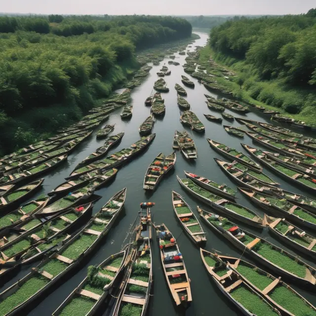Eco-friendly CPG boats sailing in a clean river, representing sustainable production and corporate social responsibility