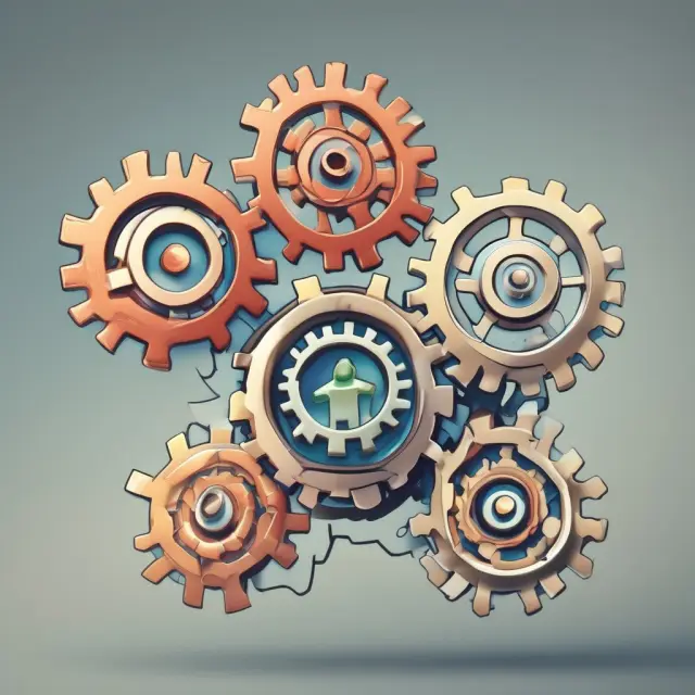 Three interconnected gears representing CPM (impression-based pricing), CPC (pay-per-click), and CPA (performance-based pricing) models in online advertising.